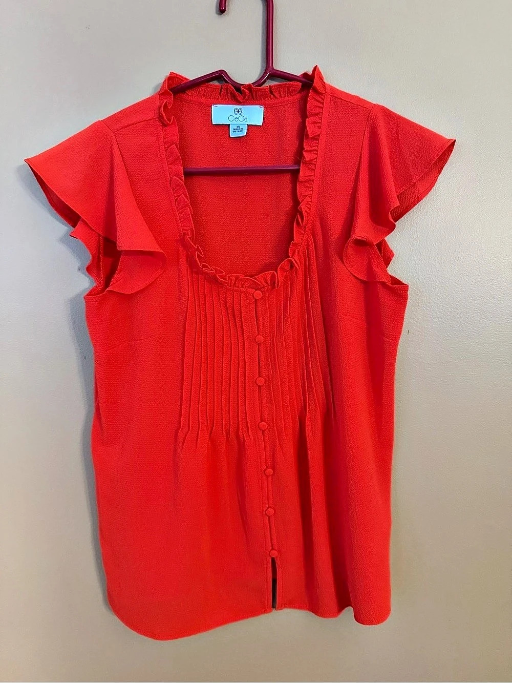 CeCe V-Neck Button Front Flutter Sleeve Top Ruffle Sleeve Blouse in orange Size